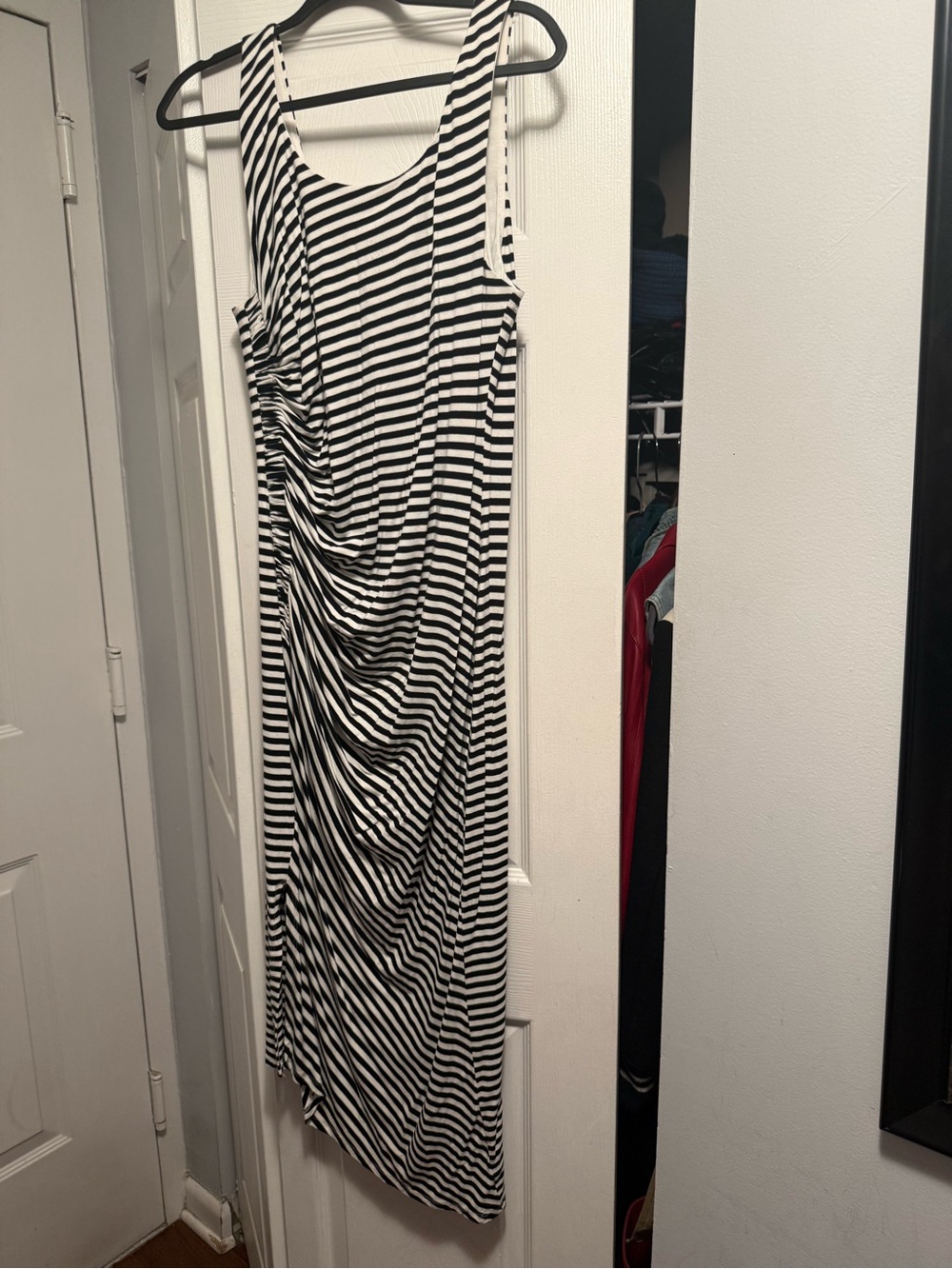 Vince Camuto Black and White Striped Sleeveless Midi Dress with Side Ruching